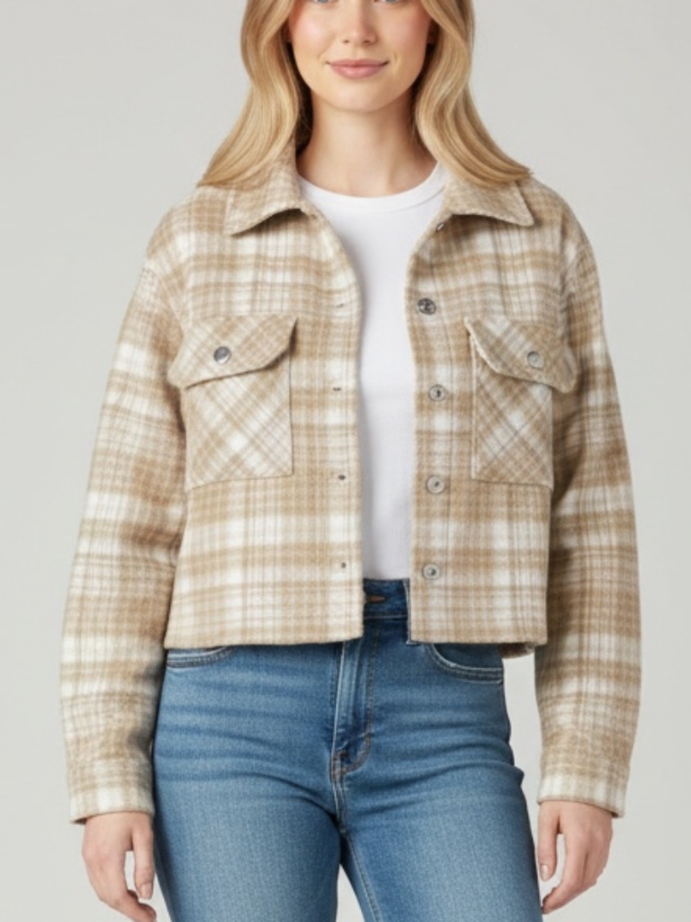 Ashley Outerwear Tan Plaid Cropped Shacket Jacket Beige Cream Button up Small